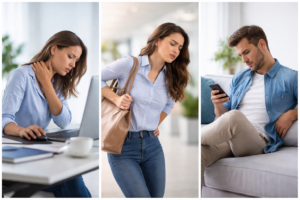 Frau am Schreibtisch mit Nackenschmerzen, Fehlhaltung mit großer Handtasche, Mann sitzt krumm mit Smartphone auf dem Sofa