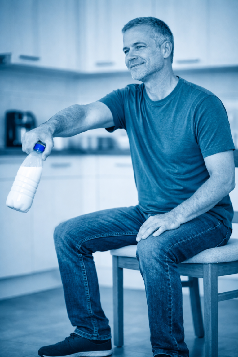 Mann macht Schulterübung Pendeln im Sitzen.